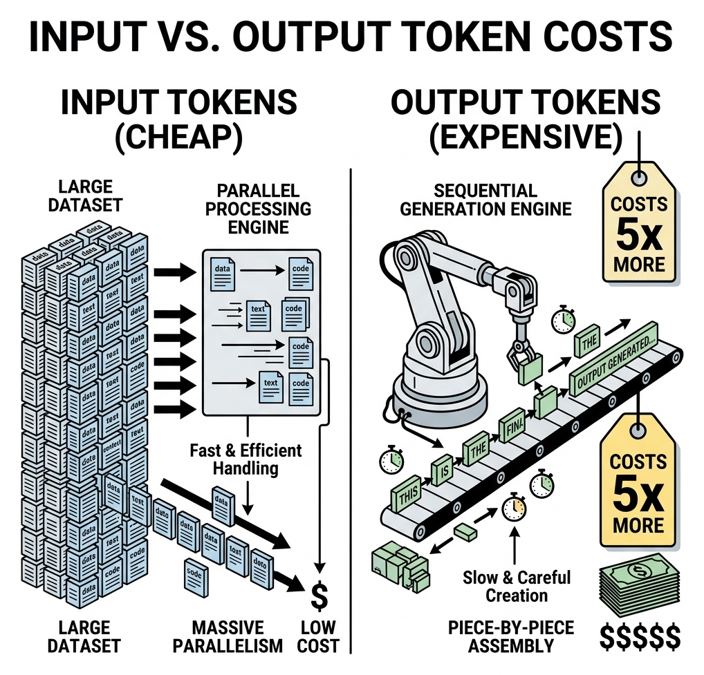 Diagram showing cheap Input Tokens processing in bulk parallel, vs expensive Output Tokens generating slowly in sequence