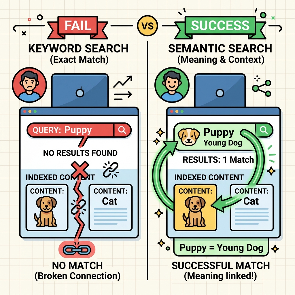 Diagram showing Keyword search failing to match Puppy with Dog, while Semantic search successfully links them