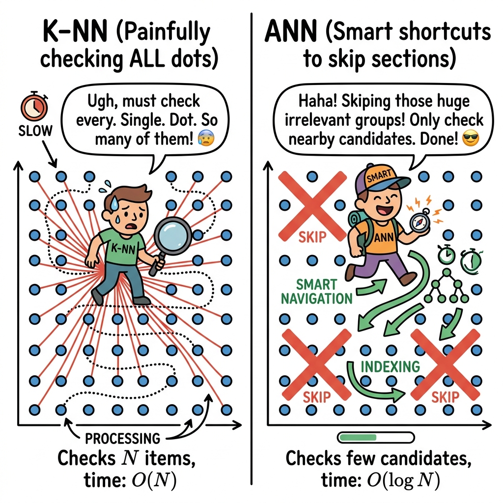 Diagram showing k-NN painfully checking every dot, while ANN uses smart shortcuts to skip huge sections