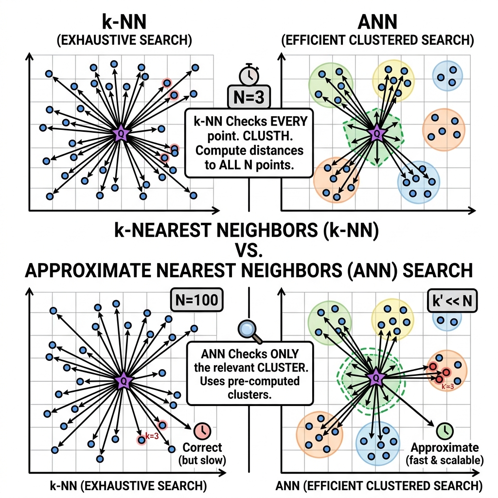 Diagram showing k-NN checking every point vs ANN checking only a clustered neighborhood