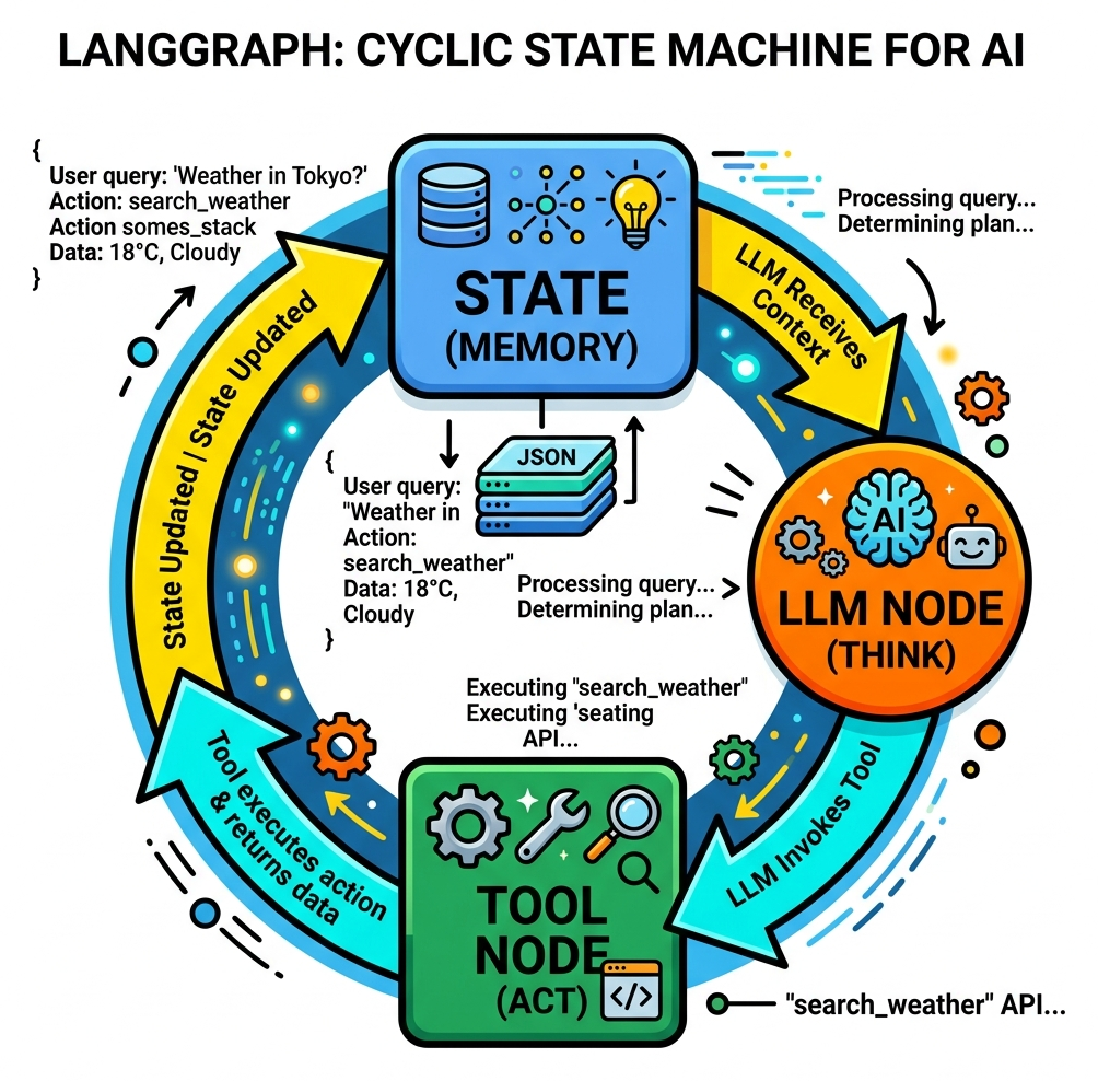 A cyclic state machine showing State/Memory flowing into an LLM Think node, then to a Tool Act node, and back around