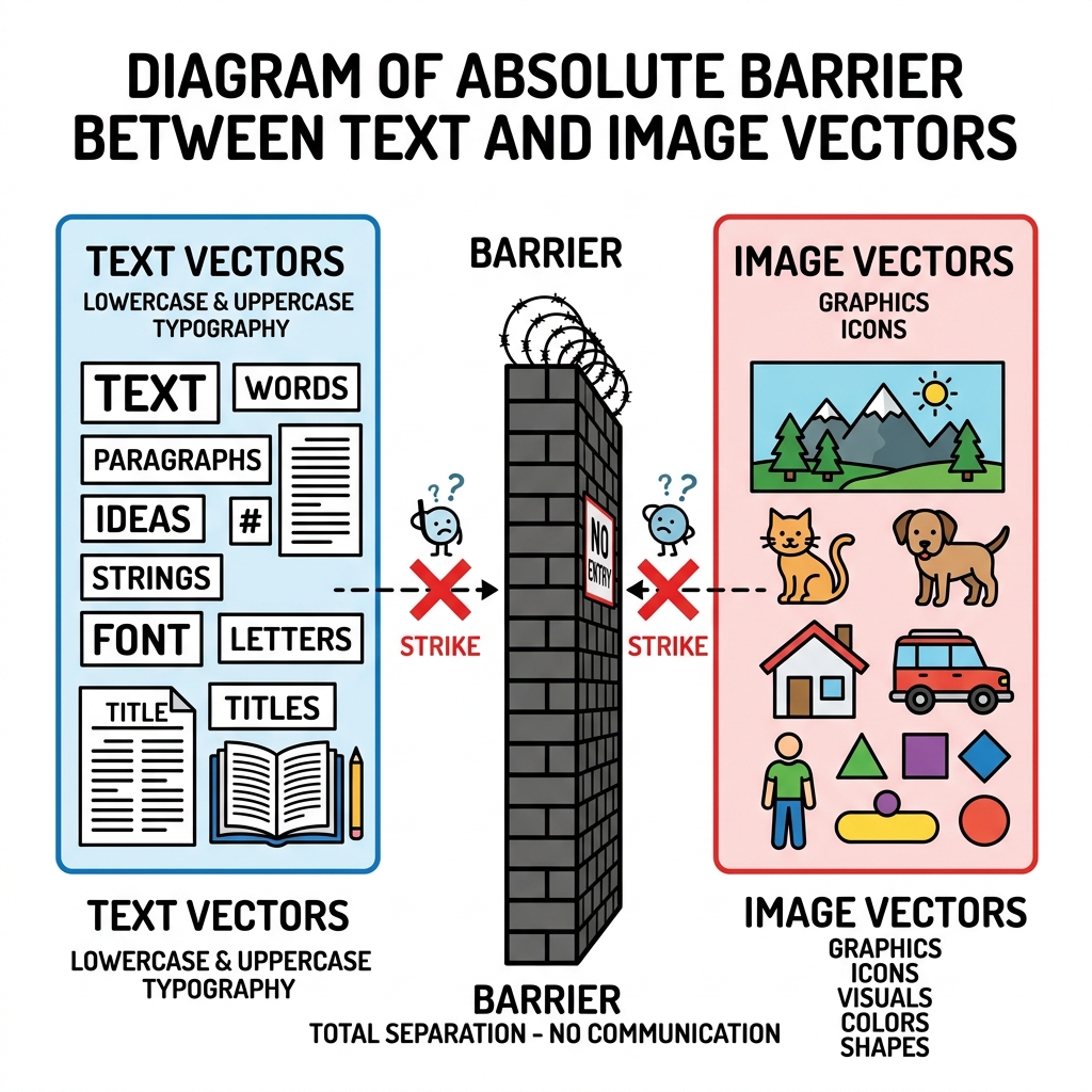 Diagram showing text vectors living in a blue universe and image vectors living in a red universe, completely unable to communicate
