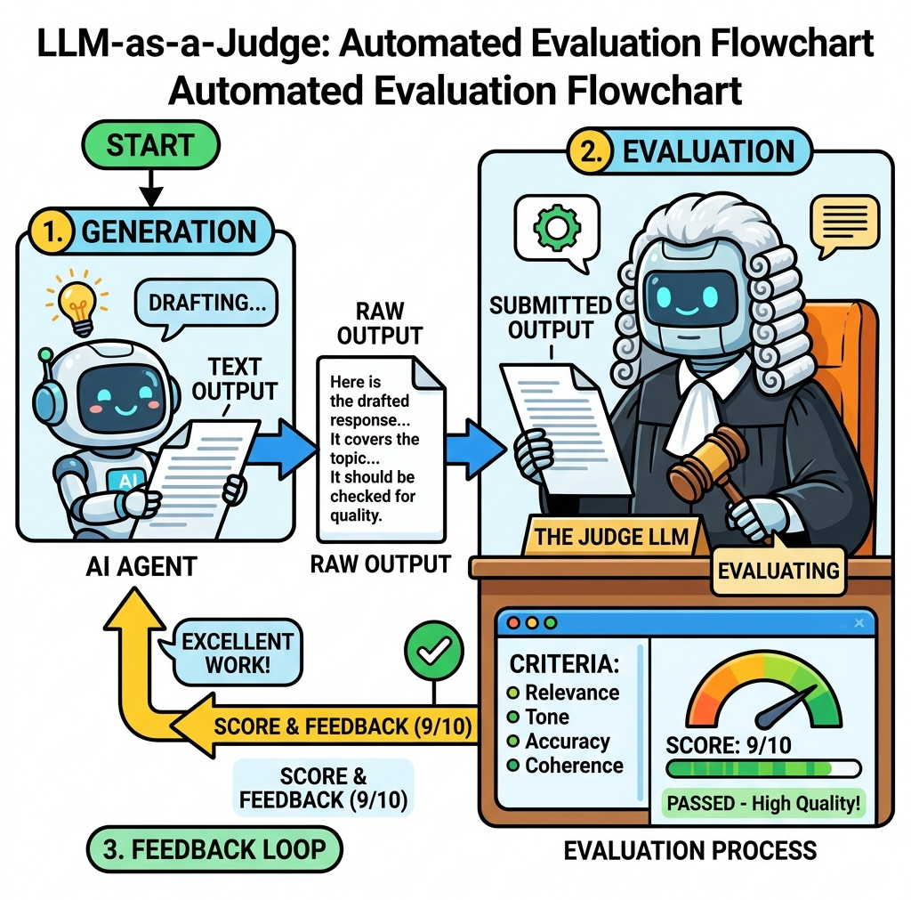 Illustration of a large Judge LLM analyzing and scoring the complex output produced by a smaller AI agent