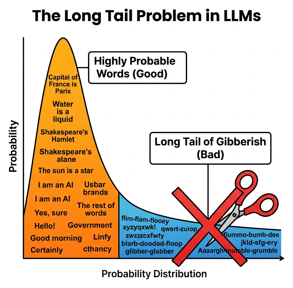 Graph showing a few highly probable words at the peak, and a massive long tail of gibberish words being cut off