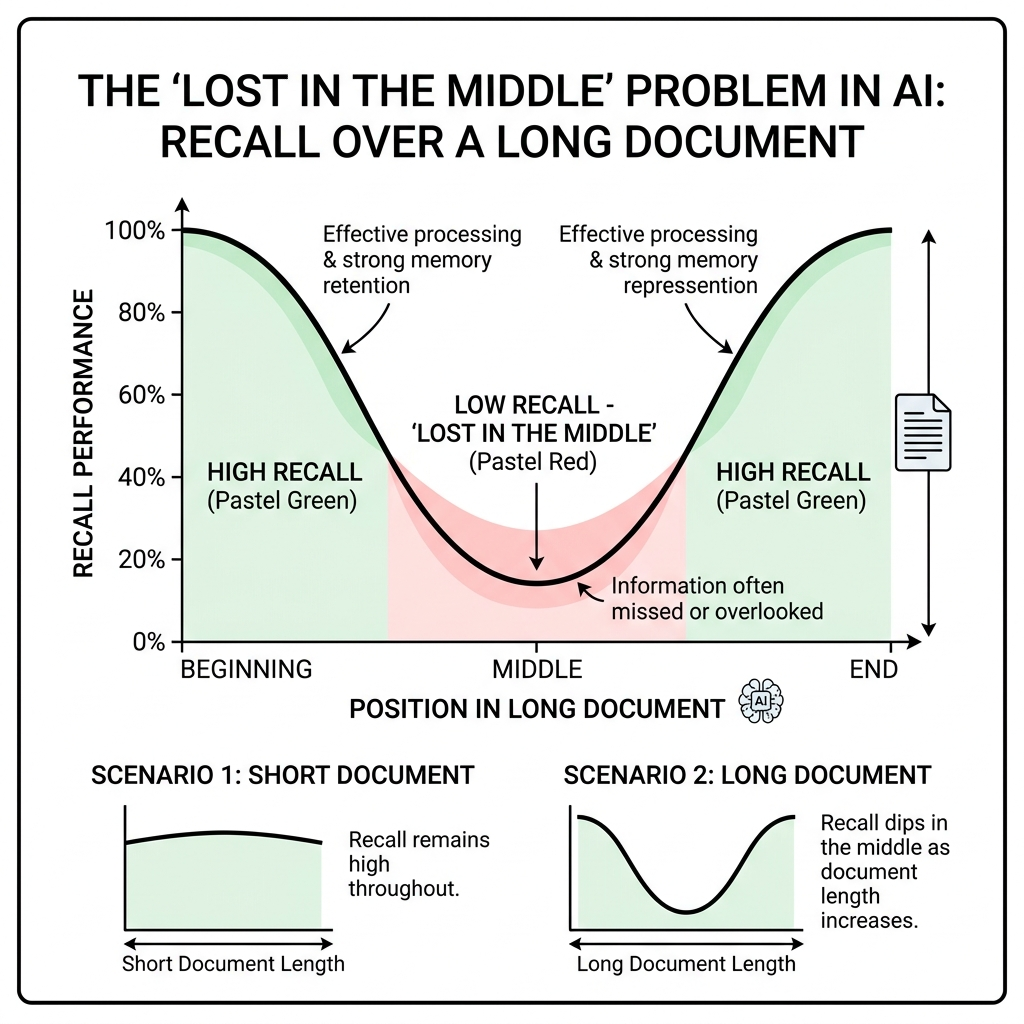 Diagram showing a U-shaped recall graph over a long document, where the middle has low recall.