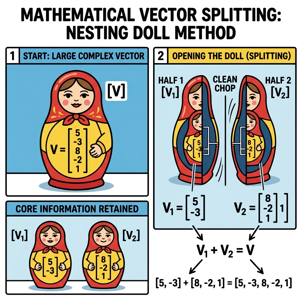 Diagram showing a Russian nesting doll where a large vector can be chopped in half without losing its core meaning