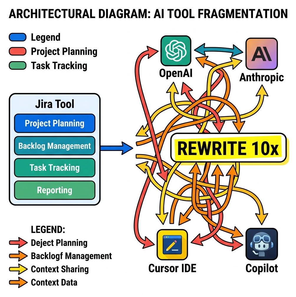 Diagram illustrating a single Jira tool getting tangled up connecting to multiple different AI providers, forcing the developer to rewrite it 10 times