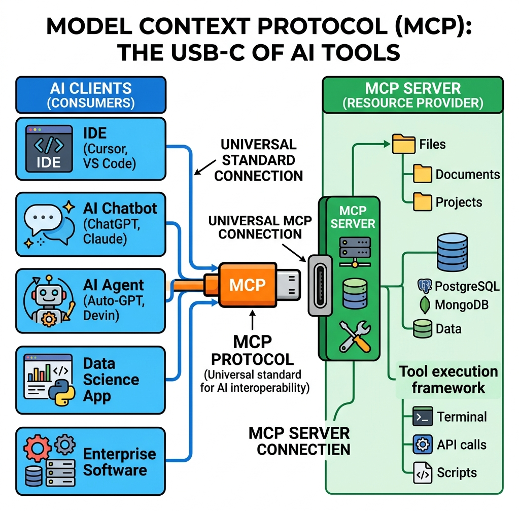Architectural diagram showing MCP as a universal USB-C standard connecting AI Clients like Claude and Cursor to MCP Servers hosting GitHub, Database, and Slack tools