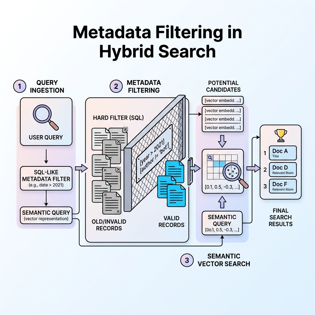 Diagram showing a hard SQL-like filter removing records before the vector search begins