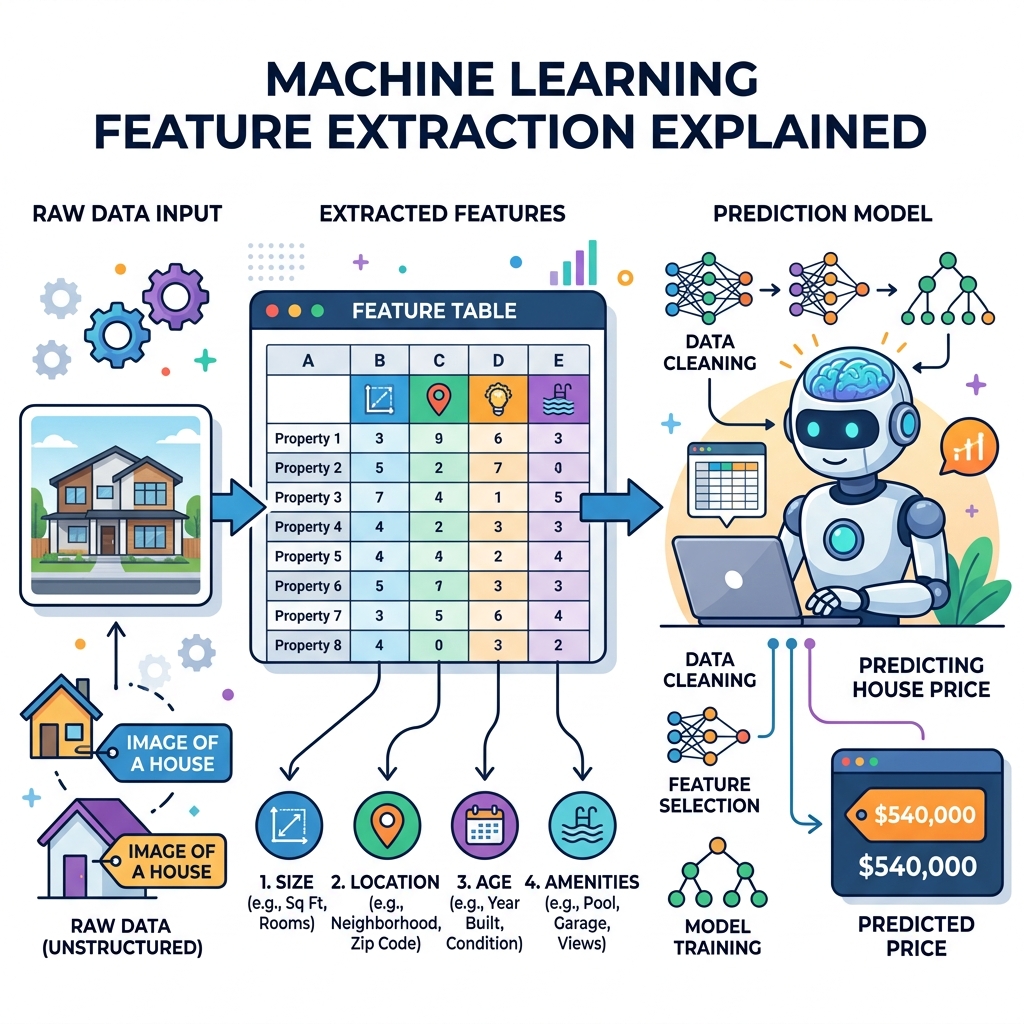 Diagram showing a house being converted into a spreadsheet of structured data before being fed into a computer algorithm.