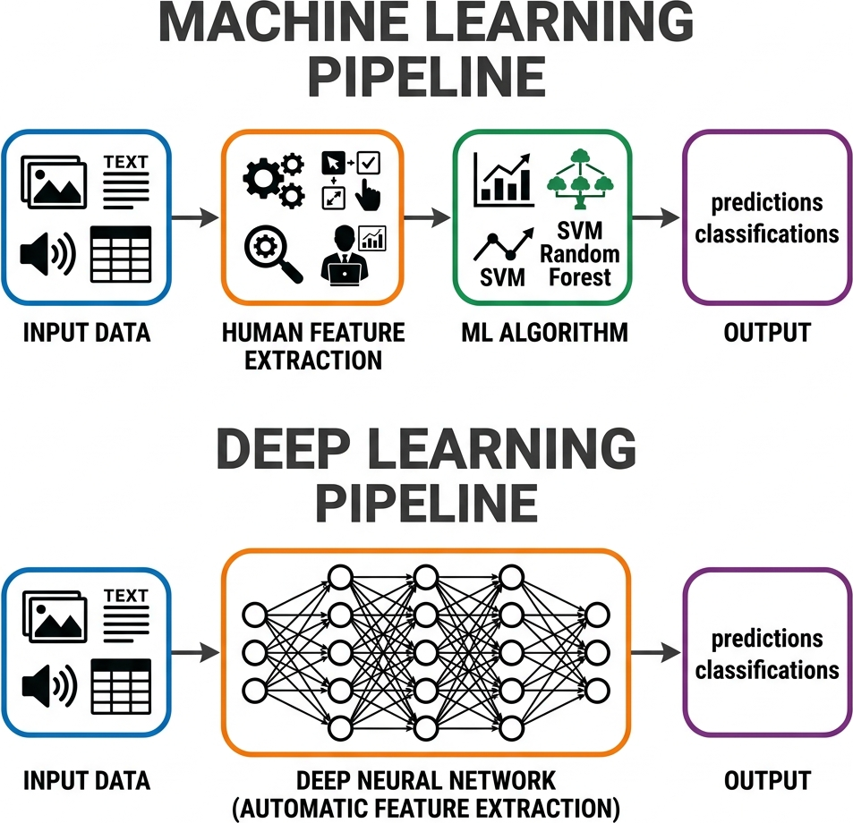 Flat diagram comparing ML requiring Human Feature Extraction to DL using a Deep Neural Network for Automatic Feature Extraction