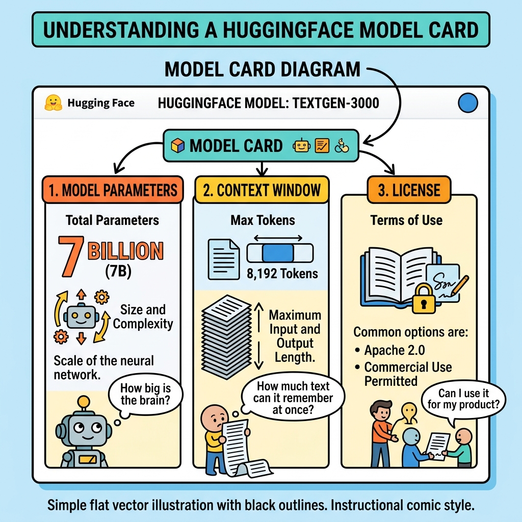 Diagram showing a typical HuggingFace model card highlighting the parameters, context window, and license