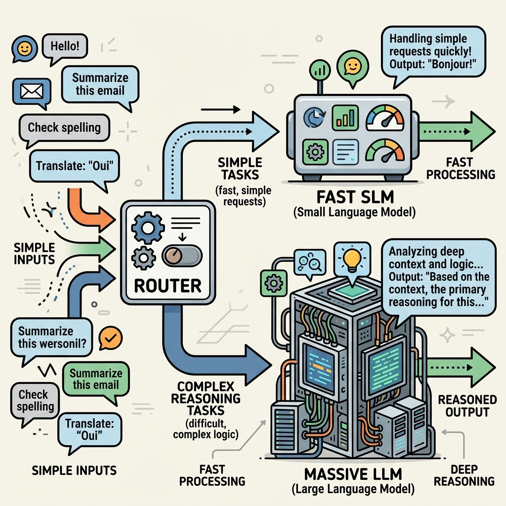 Diagram showing a Router sorting simple tasks to a fast SLM and complex tasks to a massive LLM