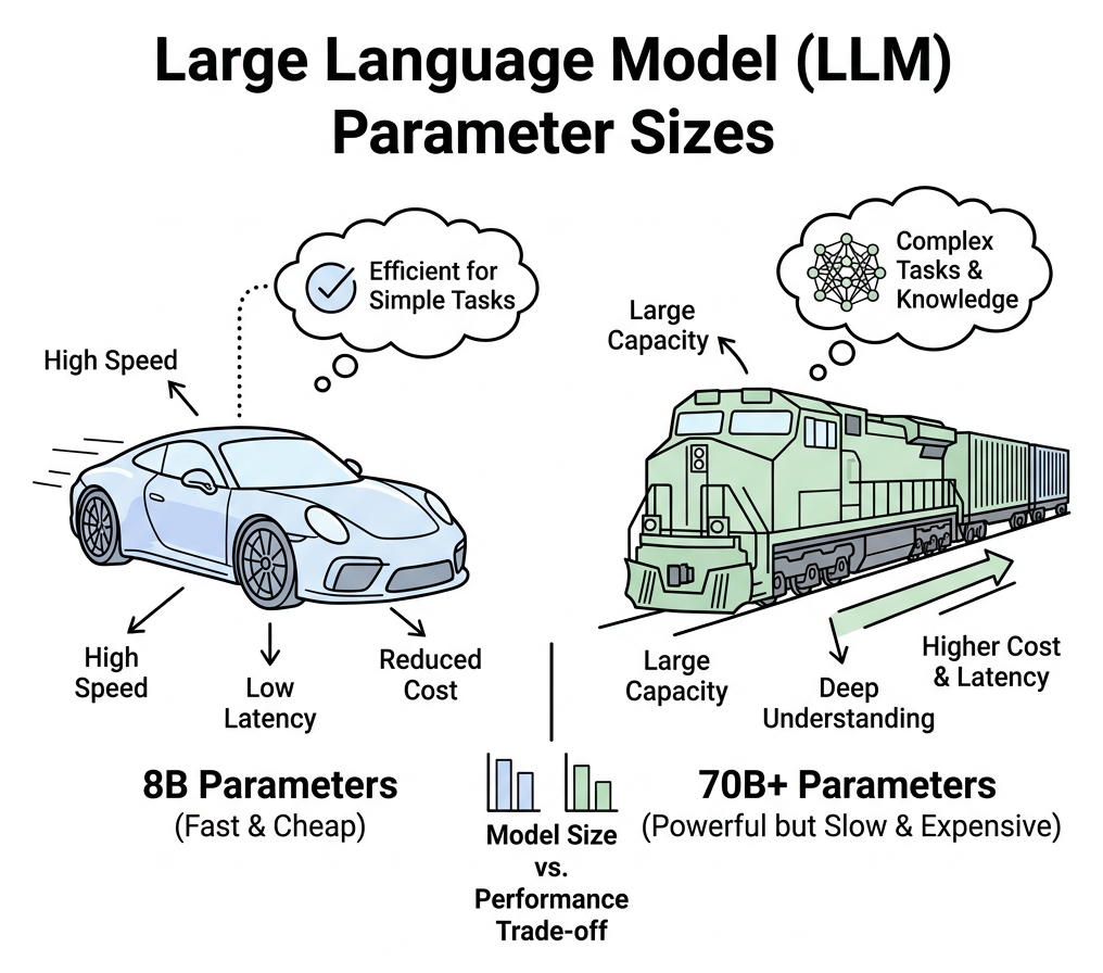 Diagram comparing a fast sports car (8B) to a heavy freight train (70B+)