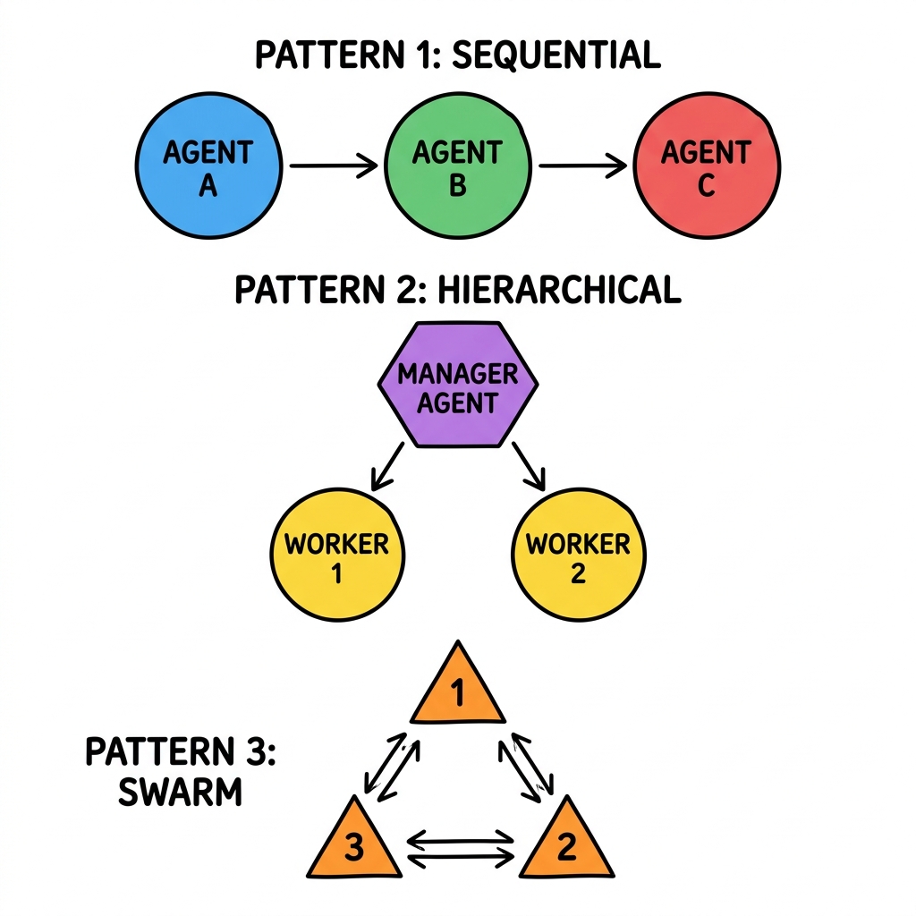 Flowchart showing Sequential, Hierarchical, and Swarm multi-agent architectures