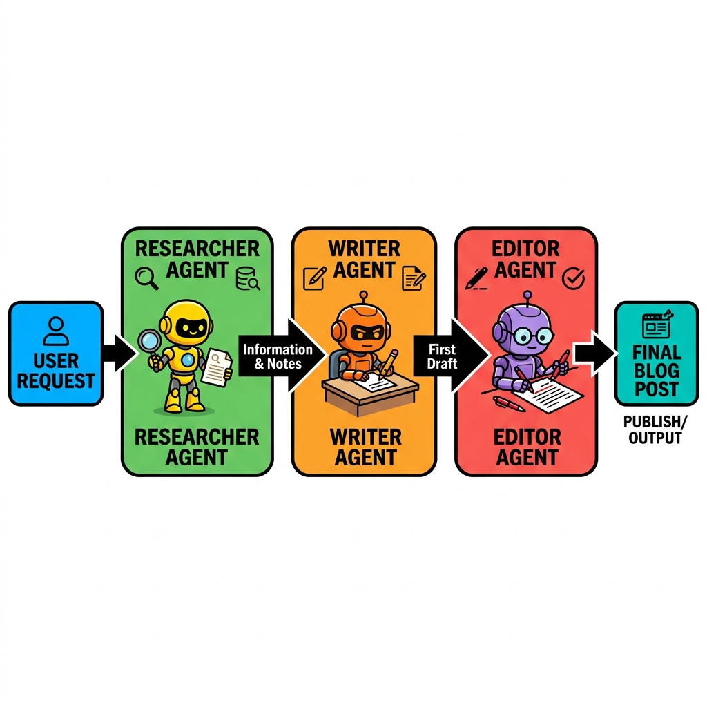 Flowchart illustrating a Researcher Agent passing notes to a Writer Agent, who passes a draft to an Editor Agent