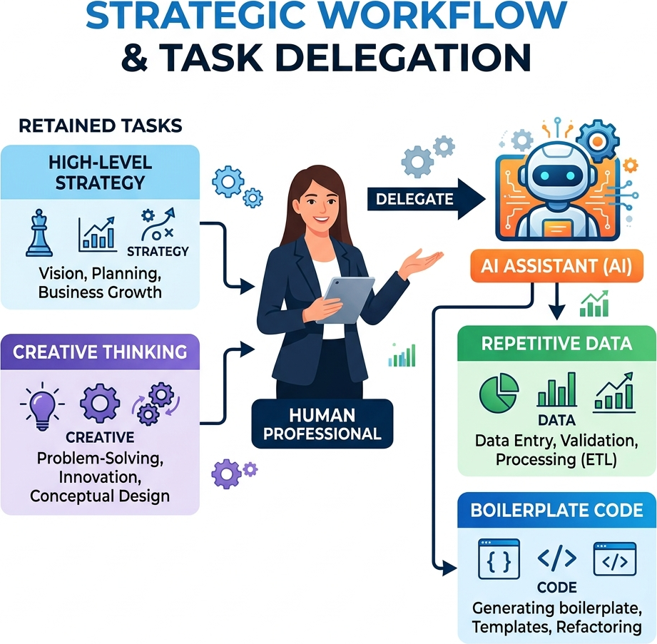 Diagram showing a human keeping strategy tasks and delegating repetitive tasks to AI