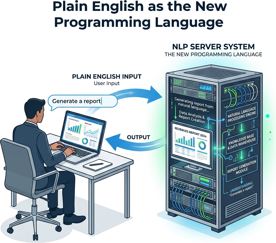 Diagram showing plain English text commanding a complex server rack