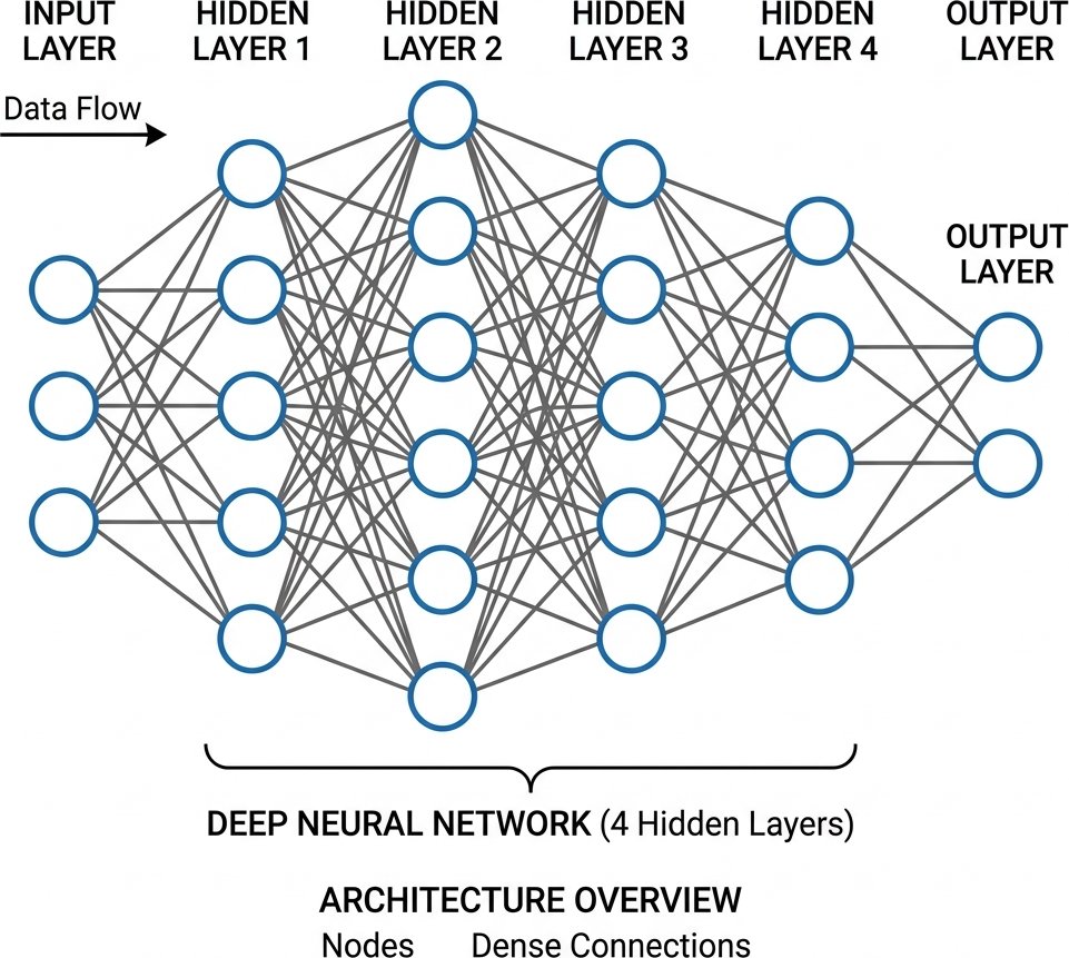 Flat diagram showing an input layer, four hidden layers, and an output layer