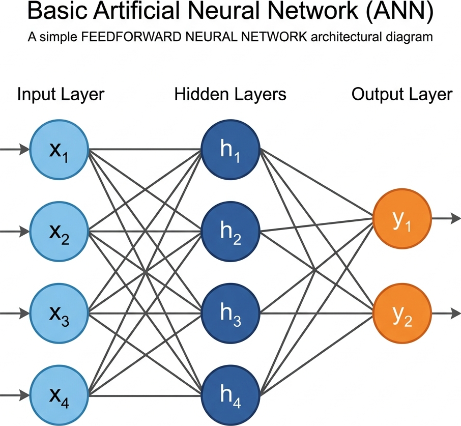 Flat flowchart showing three columns: Input Layer, Hidden Layers with criss-crossing lines, and Output Layer