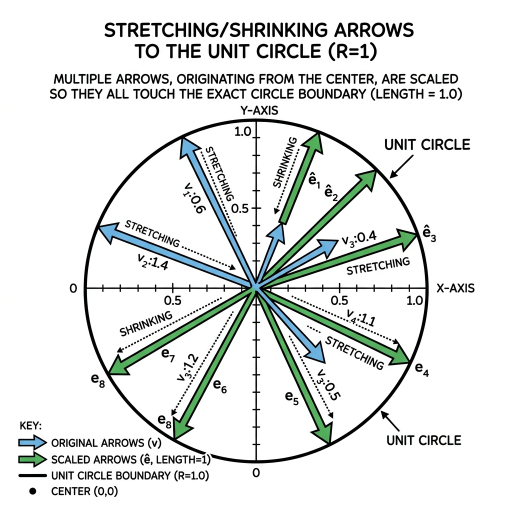 Diagram showing multiple arrows being stretched or shrunk so they all touch the exact same circle at length 1