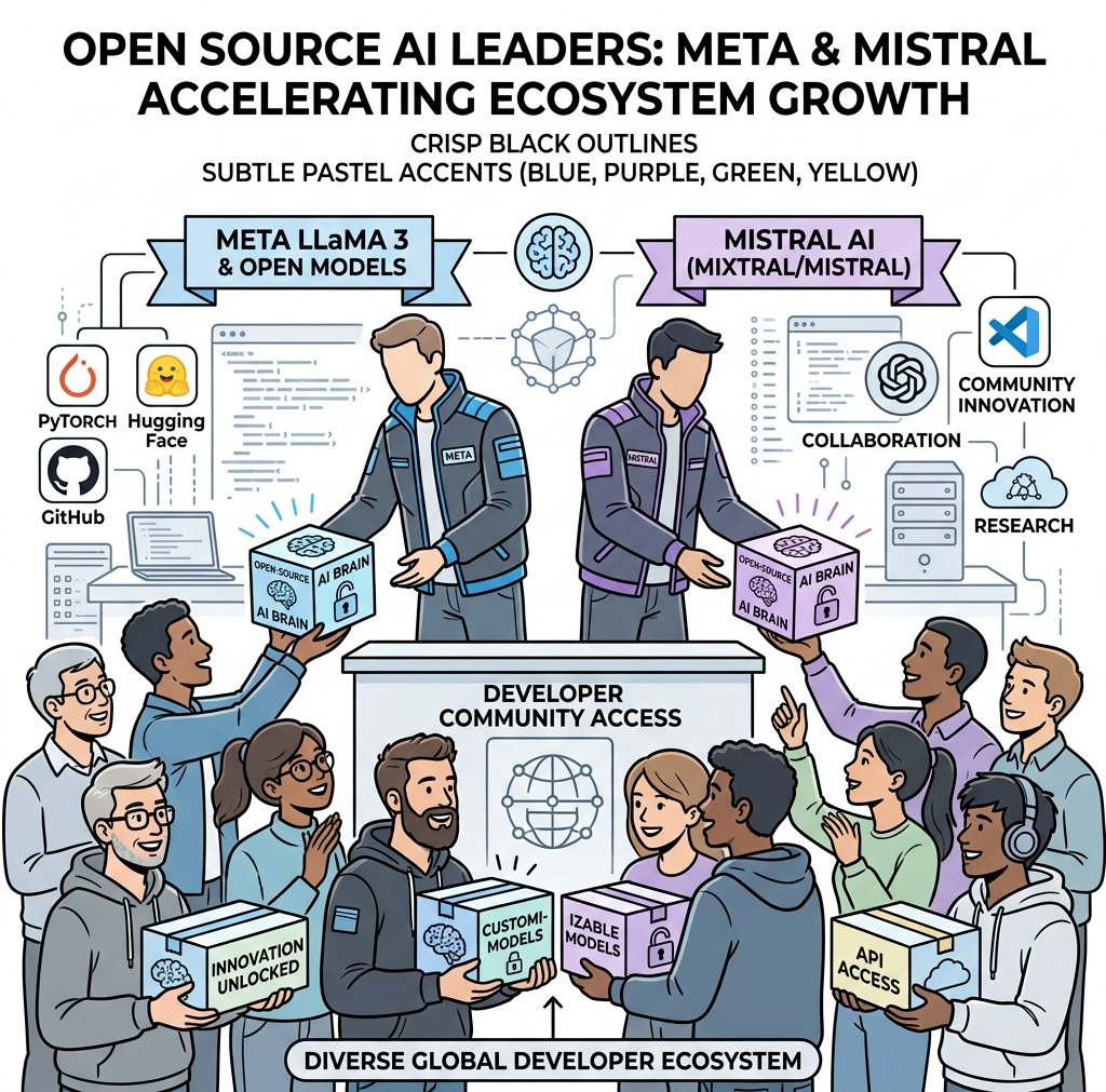 Diagram showing Meta and Mistral handing out AI Brains to developers