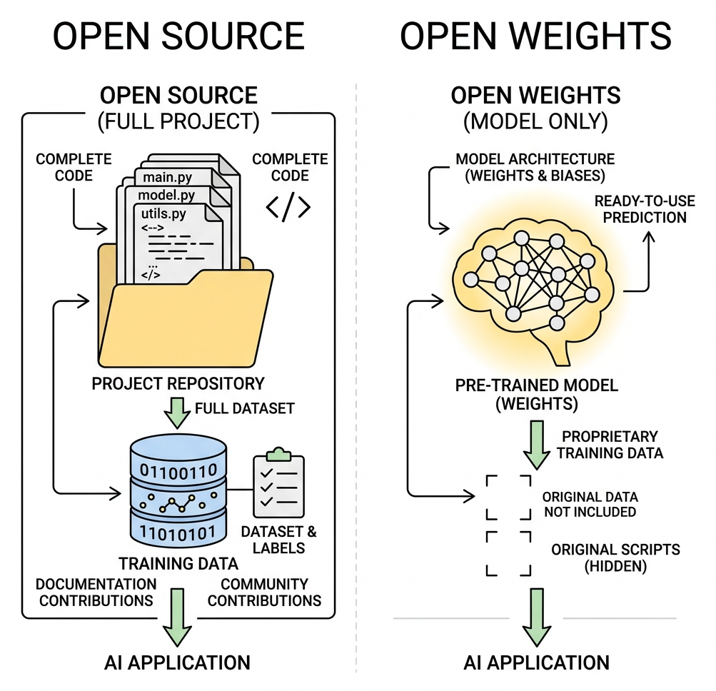 Diagram comparing a traditional open source code folder versus a giant glowing open-weight brain