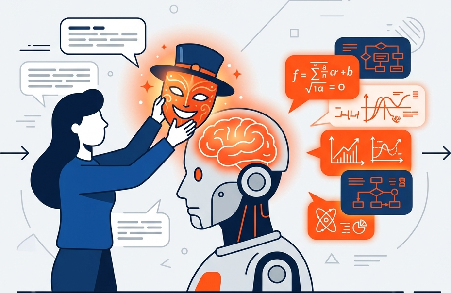 Flat diagram showing different masks or hats an AI can wear, like a doctor, a teacher, or a programmer