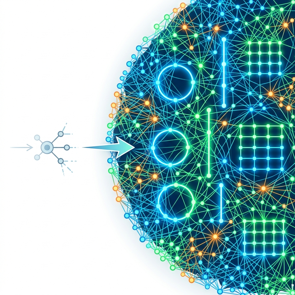 Illustration showing a single weak neuron versus a powerful glowing layer of thousands of neurons working together