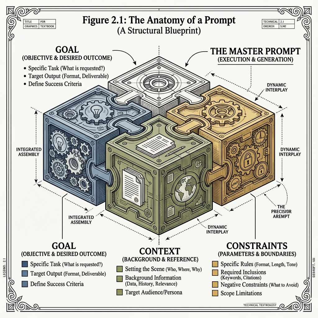 Professional technical diagram showing the structured building blocks of a prompt: Goal, Context, and Constraints