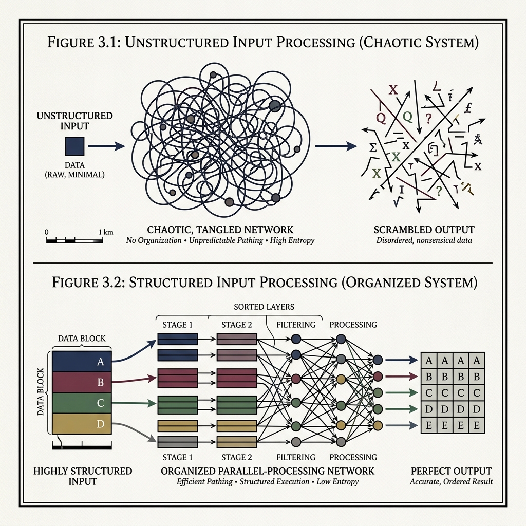 Professional technical diagram comparing a chaotic data stream to a precise laser beam