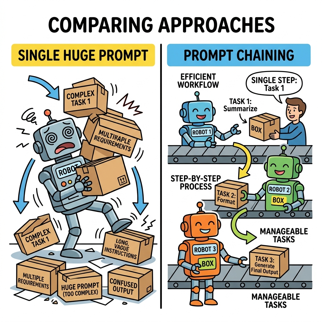 Comic illustration showing a robot dropping boxes vs an assembly line of robots passing one box smoothly