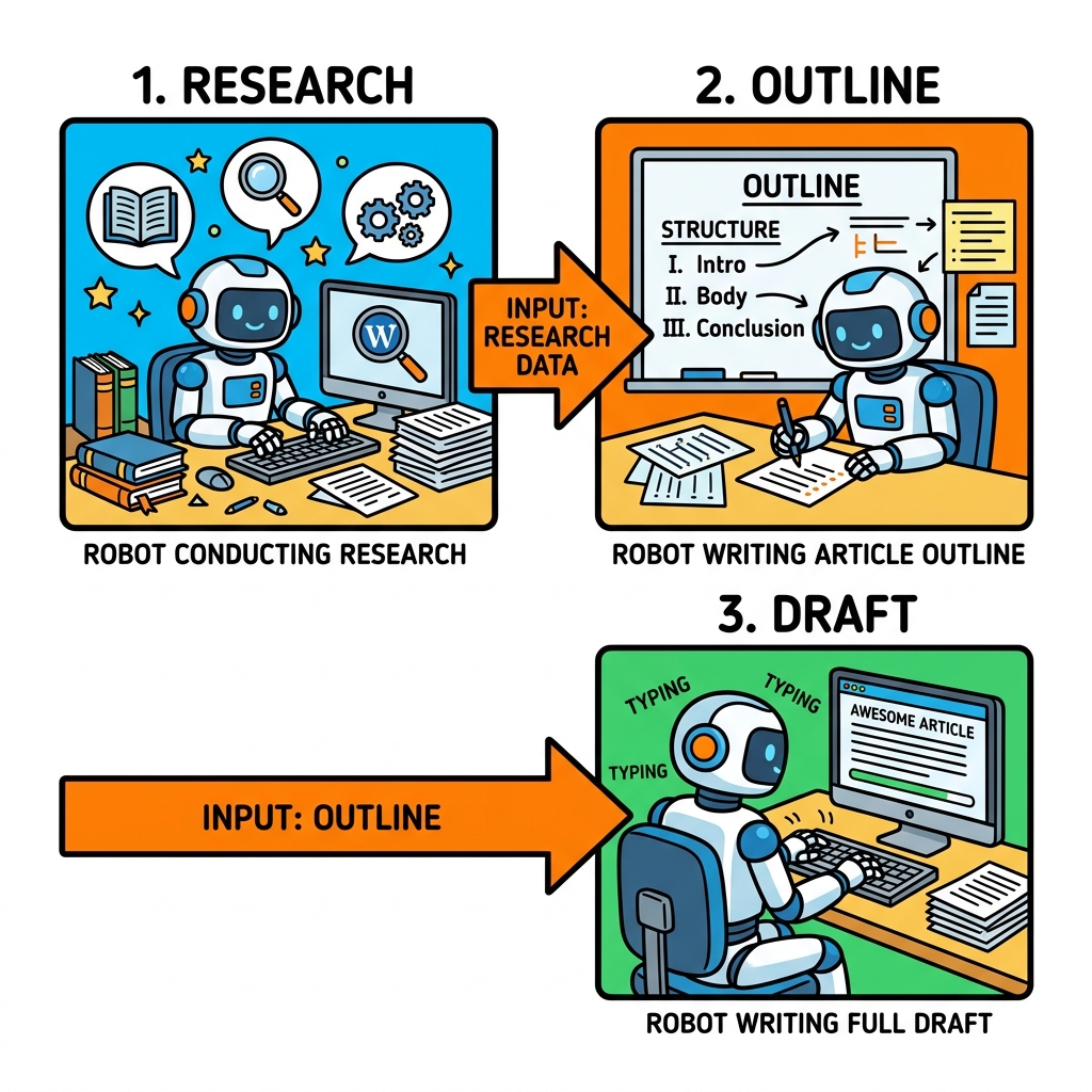 Comic illustration showing robots passing output from Research to Outline to Draft