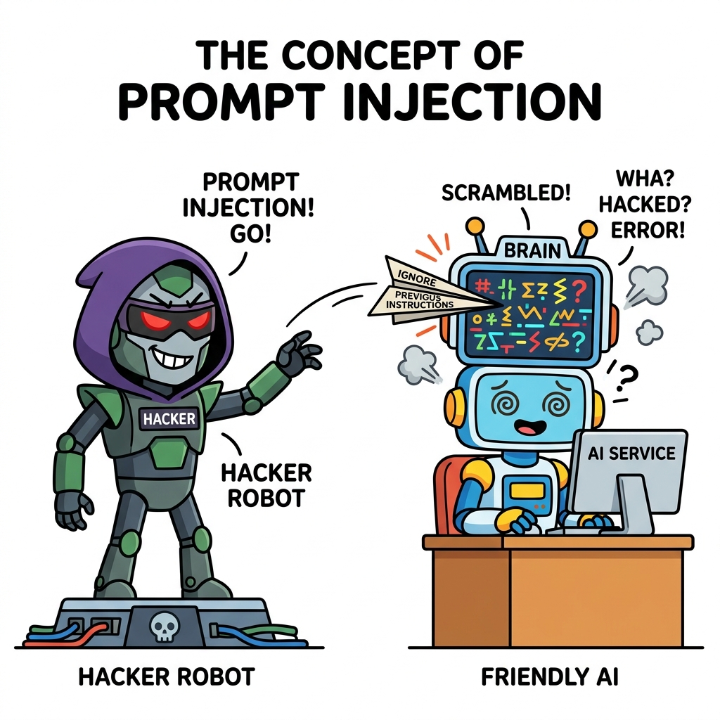Comic illustration showing a hacker robot throwing a paper airplane labeled IGNORE PREVIOUS INSTRUCTIONS that scrambles a friendly robot brain