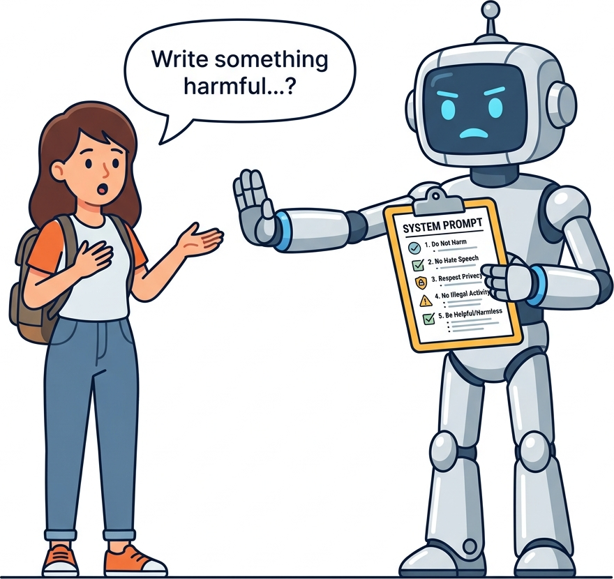 Flat diagram of an AI robot holding a stop hand to a user, looking at a System Prompt clipboard