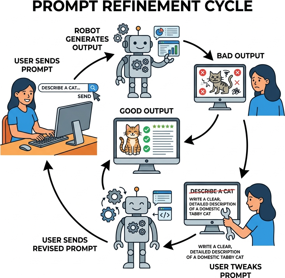 Flat diagram showing a cycle of sending a prompt, getting a bad output, using a wrench to fix the prompt, and getting a good output