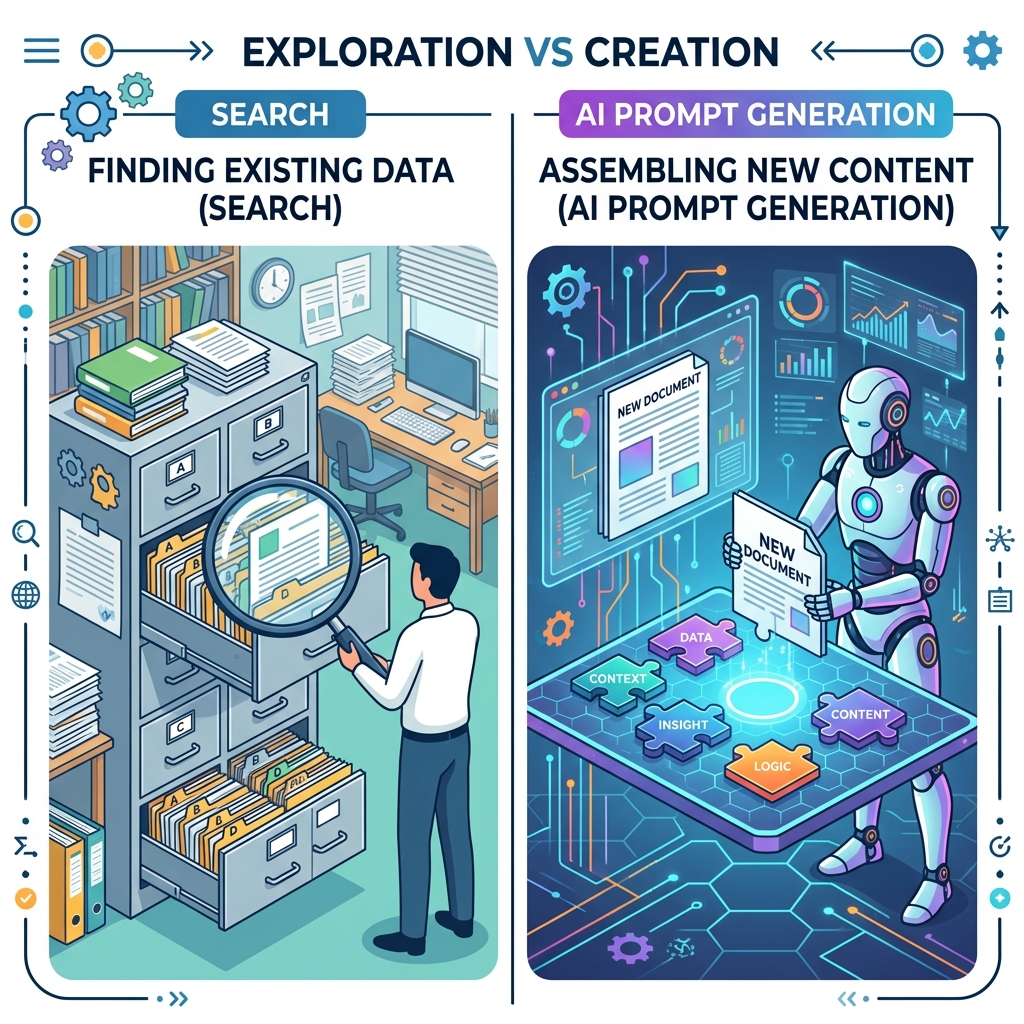 Infographic comparing a search query looking for an existing document vs an AI prompt assembling a brand new document from scratch