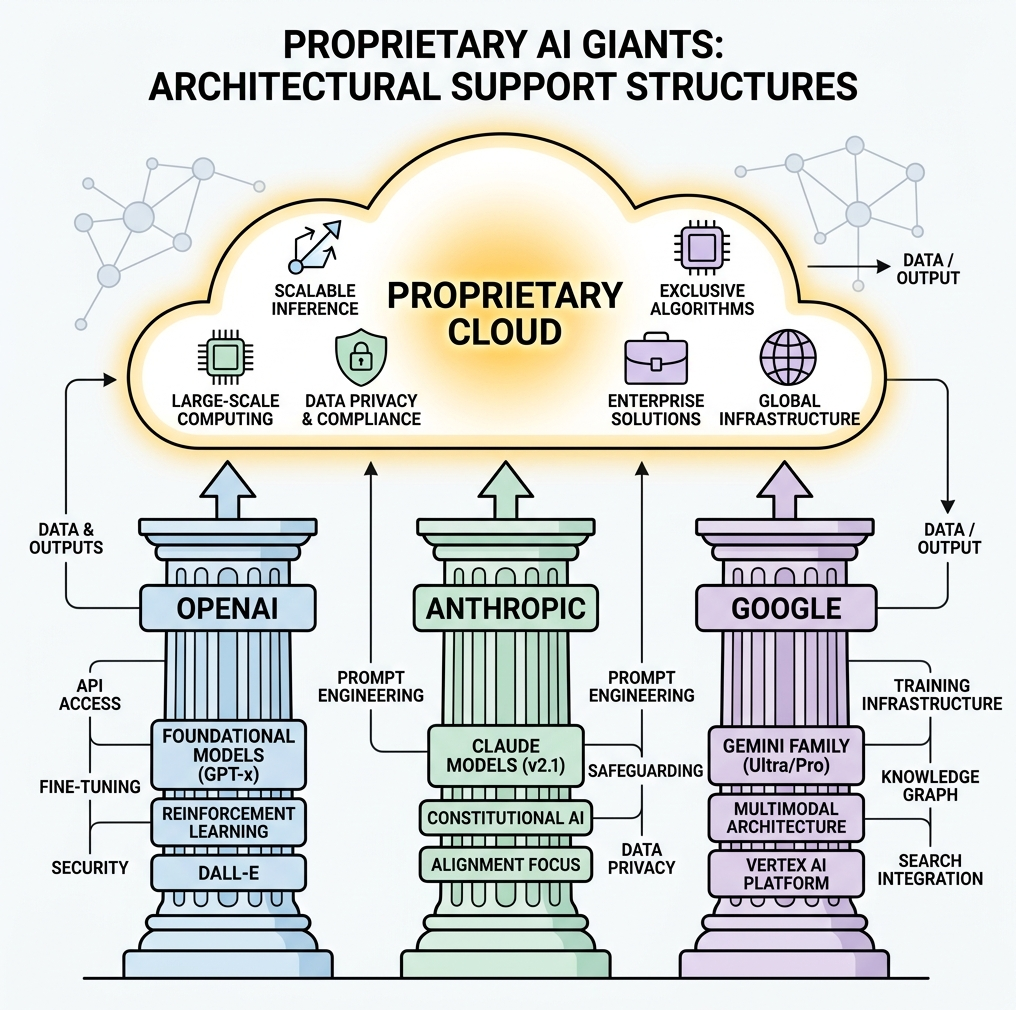 Diagram showing OpenAI, Anthropic, and Google as three pillars supporting the Proprietary Cloud