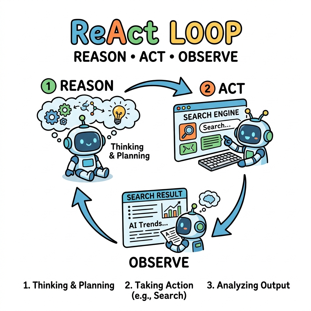 Comic illustration showing the ReAct cycle: Reason, Act, Observe