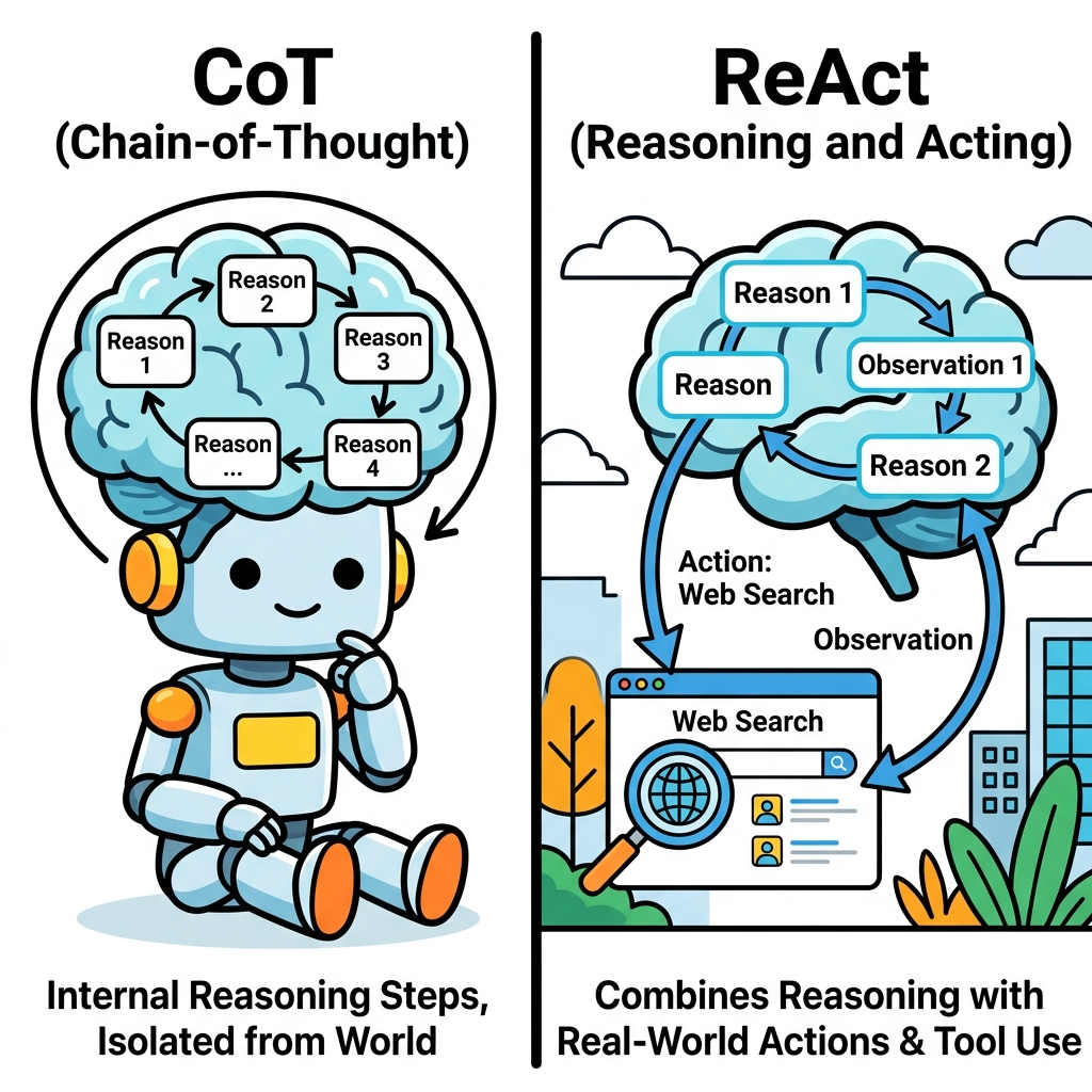 Comic illustration comparing CoT (internal reasoning only) vs ReAct (reasoning + taking action + observing)