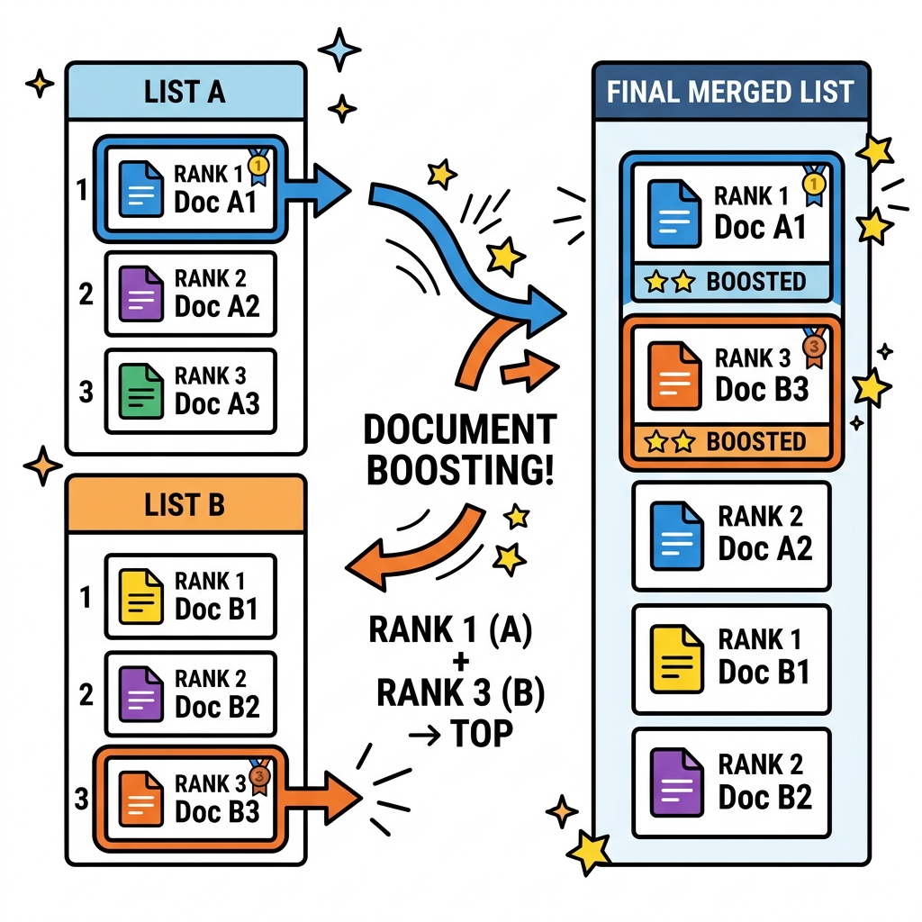 Diagram showing a rank 1 document from list A and rank 3 document from list B getting boosted to the top of a final merged list