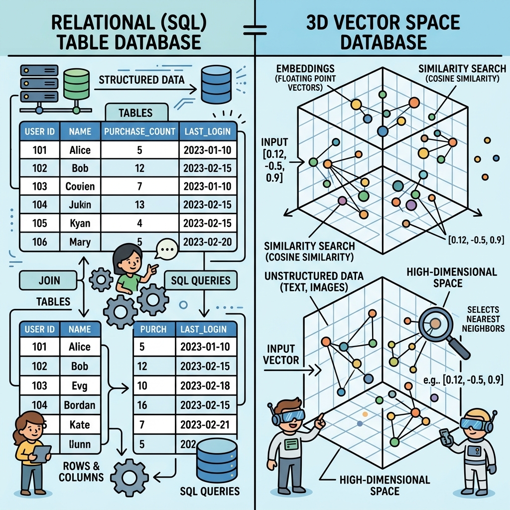 Diagram showing a traditional table database vs a 3D vector space database