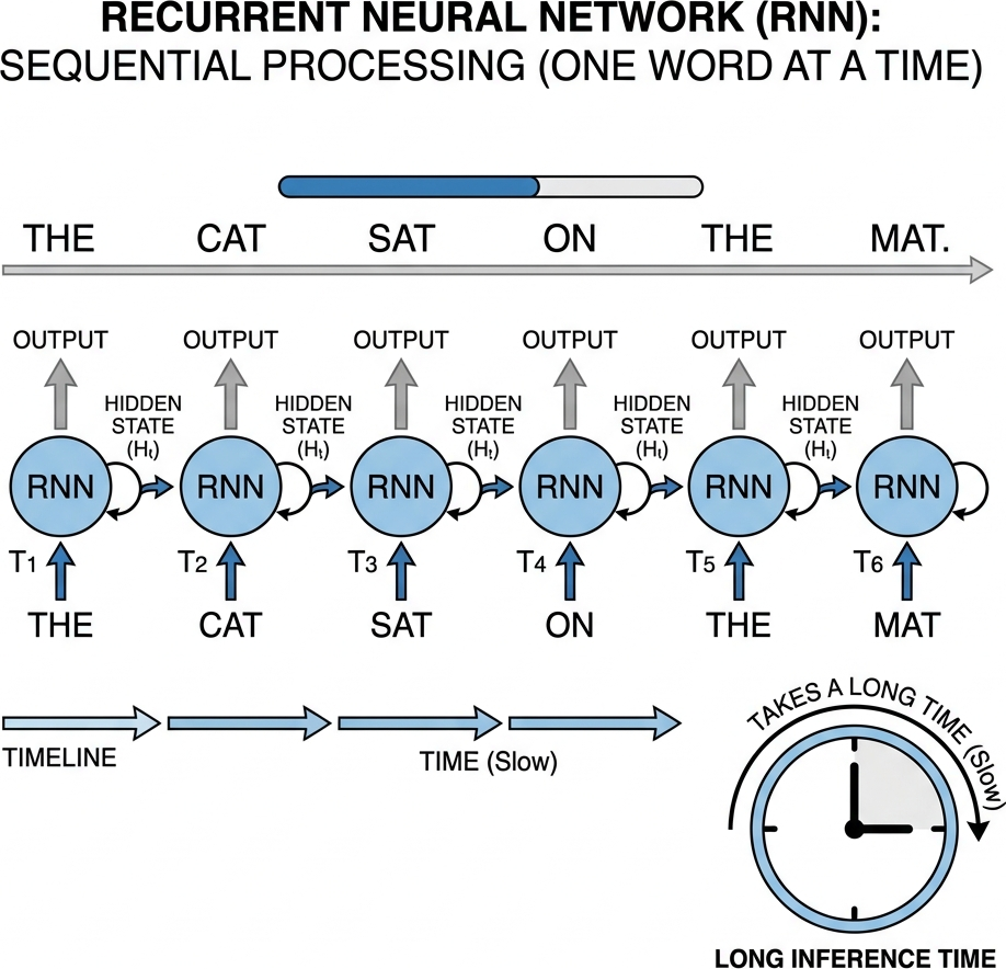 Flat diagram of an older RNN AI reading a sentence one word at a time slowly