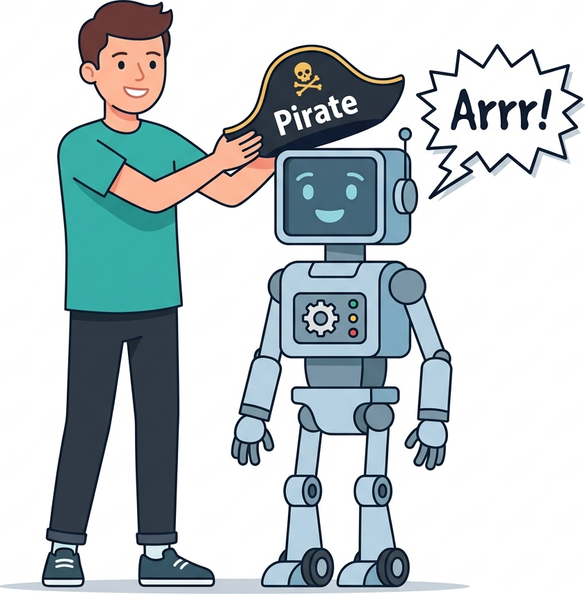 Flat diagram of a person putting a pirate hat on a robot, causing it to say Arrr