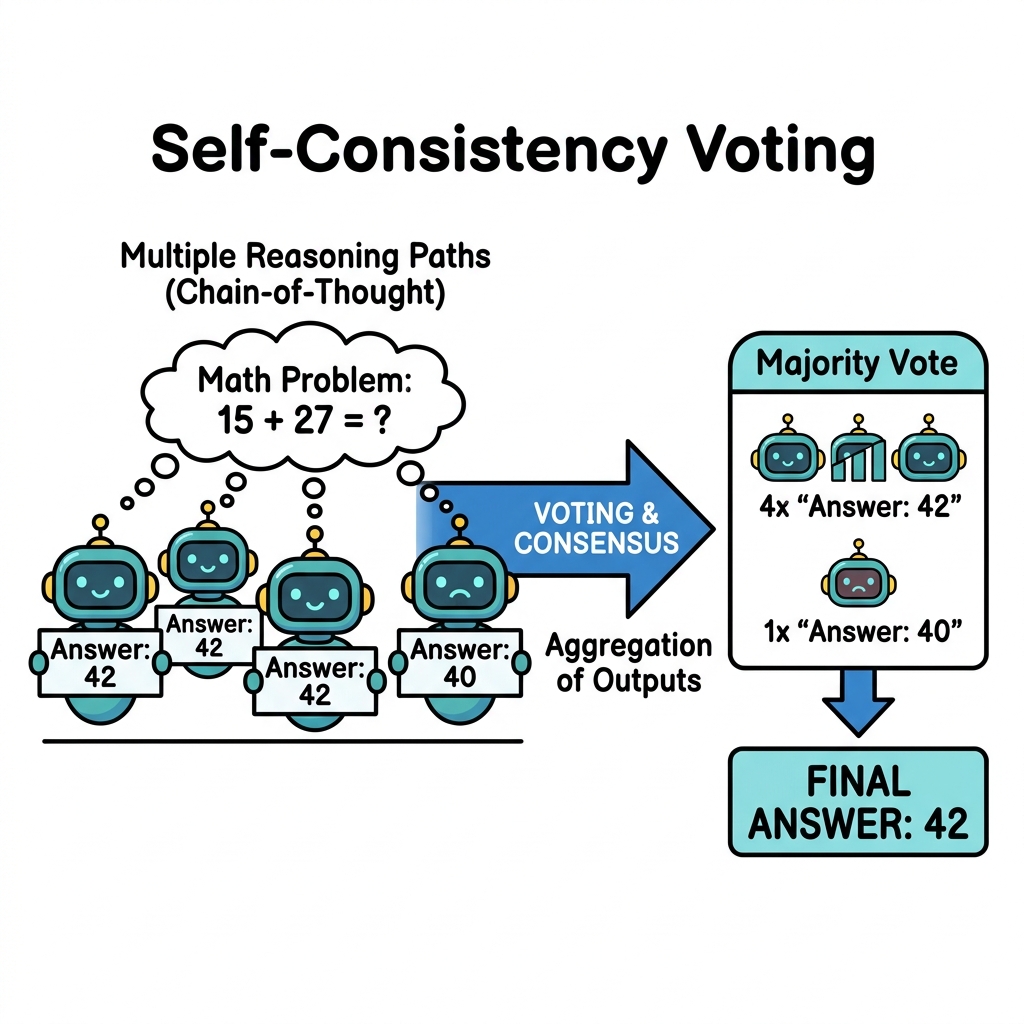 Comic illustration showing 5 robots voting on an answer, with a majority vote box