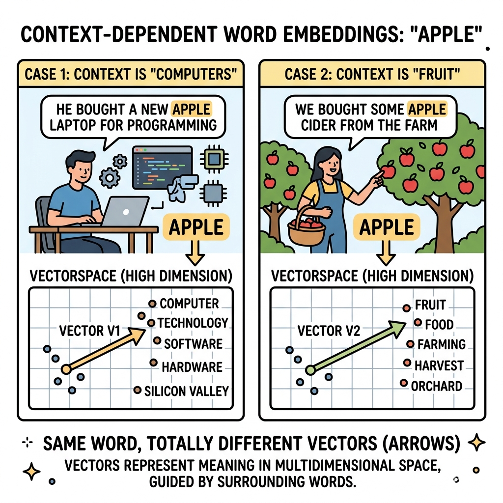 Diagram showing how the word Apple gets completely different vectors depending on the surrounding sentence