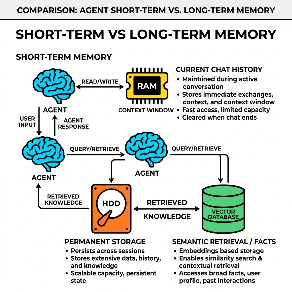 Flowchart comparing Short-Term Memory (Current Chat History) to Long-Term Memory (Vector Database)