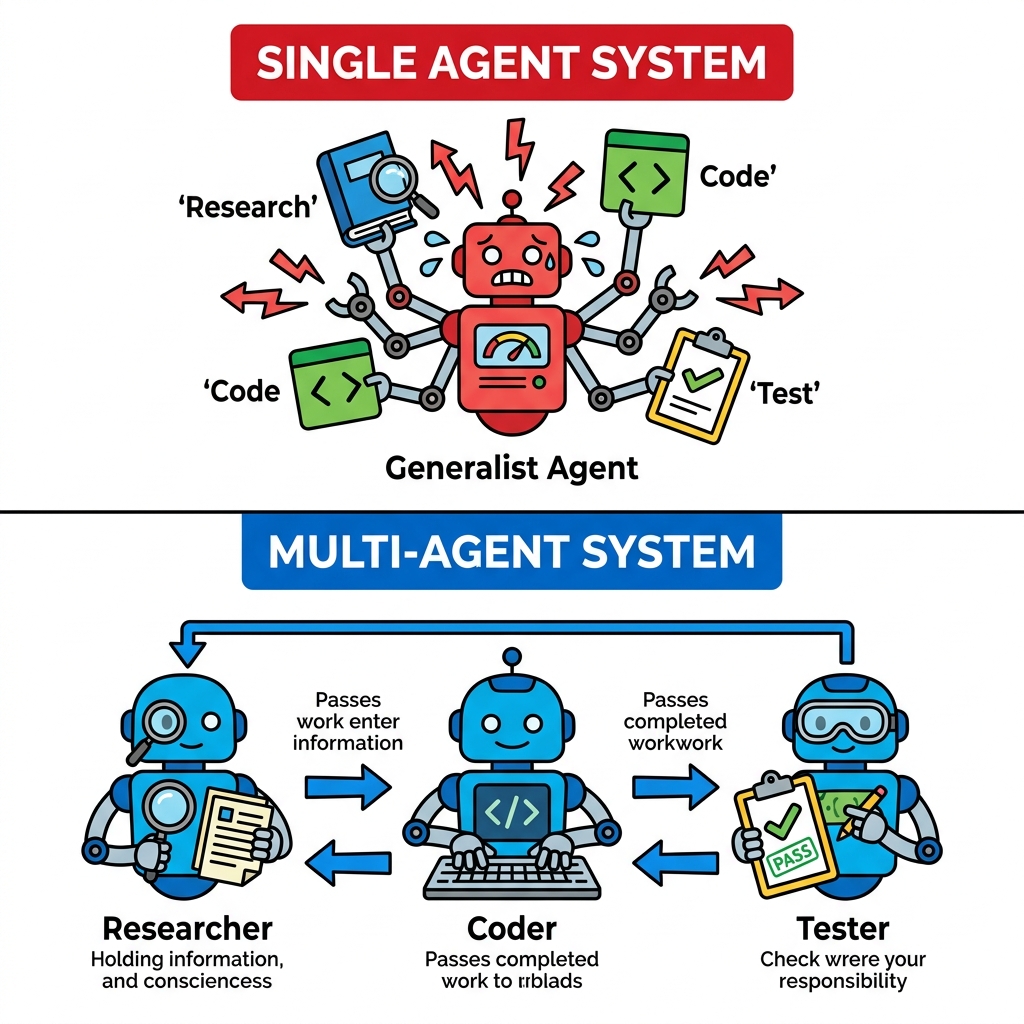 Architectural flowchart showing a single Generalist Agent struggling to juggle tasks compared to a Multi-Agent system where specialized agents collaborate