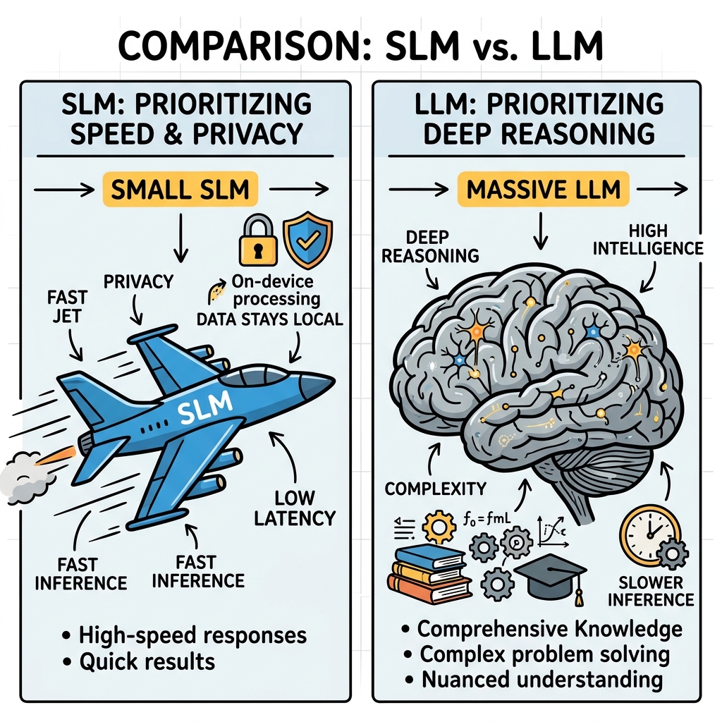Diagram showing an SLM prioritizing speed and privacy vs an LLM prioritizing deep reasoning