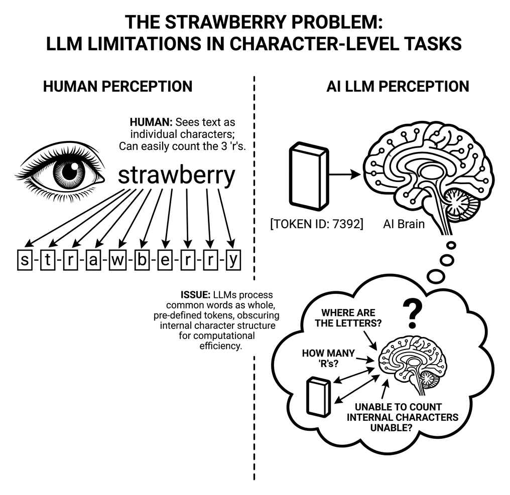 Diagram comparing a human seeing individual letters vs an AI seeing a single solid block labeled Token ID 7392
